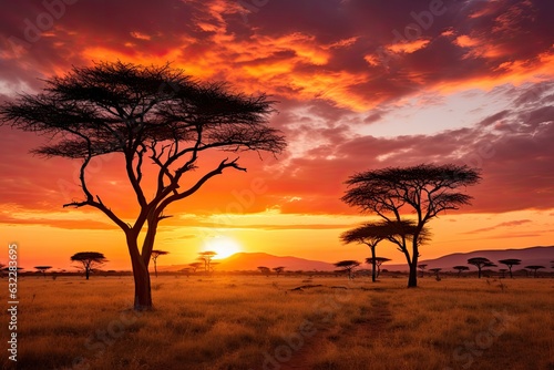Sunset in the Serengeti National Park  Tanzania  Africa  African savannah with acacia trees at sunset. Serengeti National Park  Tanzania  AI Generated