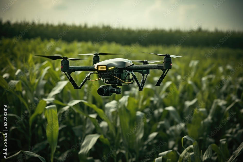 Drone quadcopter with digital camera flying over corn field. Agriculture Drone Monitoring Green Corn Field, AI Generated Drone quadcopter with digital camera flying over corn field. Agriculture Drone Monitoring Green Corn Field, AI Generated