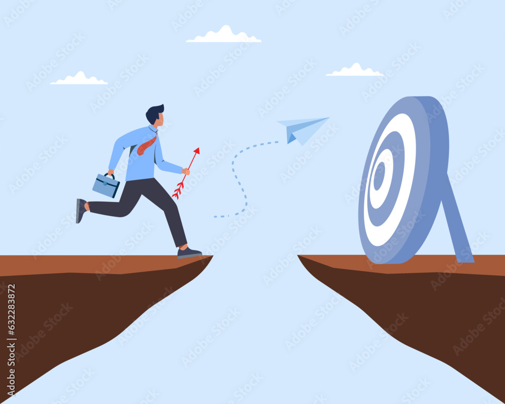 Businessman jumping from the mountain with arrow in hand toward to target Business risk and success. Businessman jumping from the mountain with arrow in hand toward to target Business risk and success.