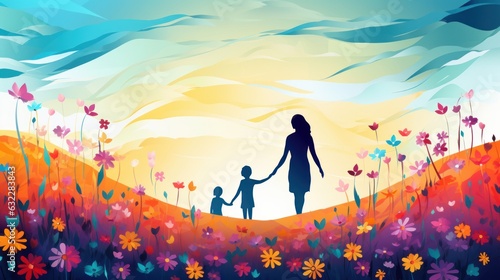 Illustration silhouette picture for mothers day containing a mom hugging her son/daughter