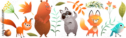Whimsical collection of forest animals design, fox bear raccoon and squirrel, animal characters for children. Nature leaves and forest design elements, hand drawn vector clipart in watercolor style.