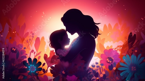 Illustration silhouette picture for mothers day containing a mom hugging her son/daughter