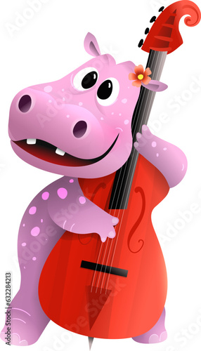 Funny illustration of a musical hippopotamus playing the double bass. Funny animal character play musical instrument for kids. Children character Illustration, vector clipart in watercolor style.