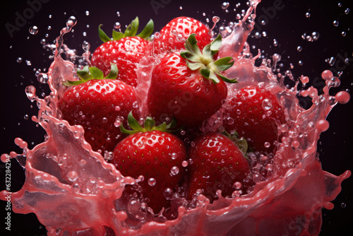 Explosion of taste, strawberry on a black background in a splash of juice, refreshing juicy fruit concept