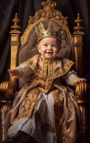 A little adorable and smiling baby sit on a golden majestic throne