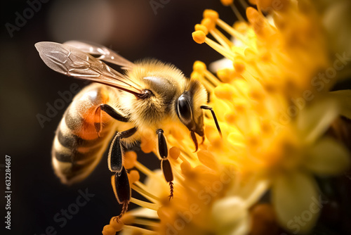 The honey bee feeds on the nectar of a yellow flower.