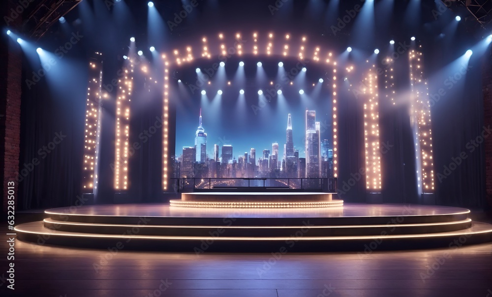 A vibrant stage with dazzling lights and an elaborate set design