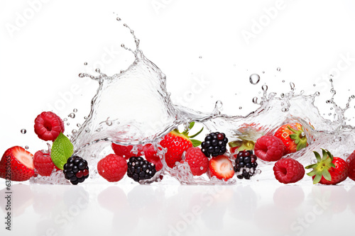 A group of strawberries and raspberries splashing into the water.