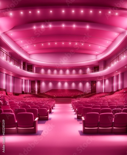 A spacious auditorium with vibrant pink seats and a well-lit stage