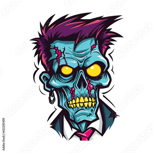Halloween zombie skull. Vector illustration of Cartoon Zombie head. Digital Vector Artwork on a Transparent Background. 