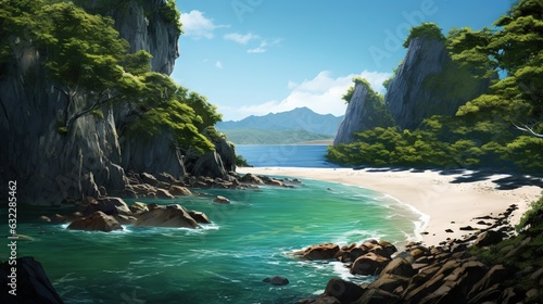  a painting of a beach with a rocky cliff and a body of water. generative ai