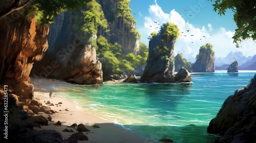  a painting of a beach with rocks and a body of water. generative ai
