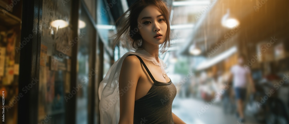 Asian girl standing on a city sidewalk near restaurants and shops modelling edgy grunge street fashion, creative long exposure light streaks and motion blur bokeh background - generative AI