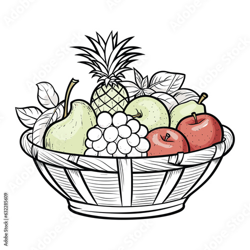 Vector illustration of a realistic round wicker basket full of fresh fruit. 