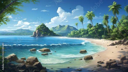  a painting of a tropical beach with palm trees and rocks. generative ai