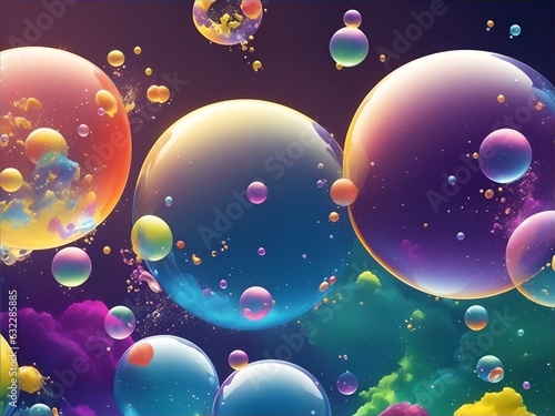 In this captivating abstract PC desktop wallpaper  an explosion of flying bubbles dances playfully across a vibrant and colorful background. The bubbles seem to defy gravity.