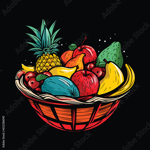 Vector illustration of a realistic round wicker basket full of fresh fruit. 
