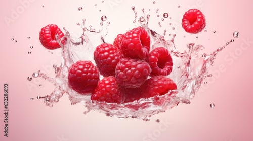 A cinematic shot of red raspberry fruits falling with water splash, for commercial use, red raspberry juice