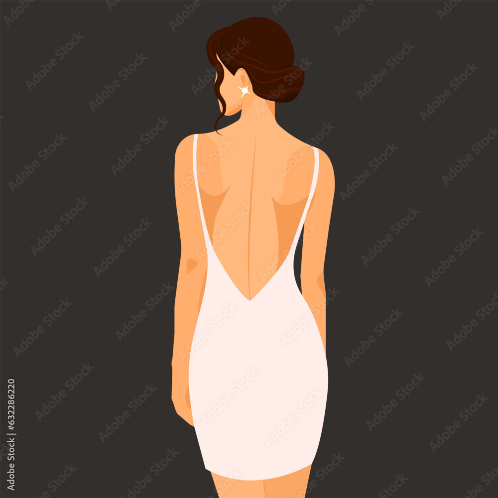 Fototapeta premium Vector fashion illustration in flat style. Young elegant woman in fashionable sexy dress with bare back and shoulders. Back view. 