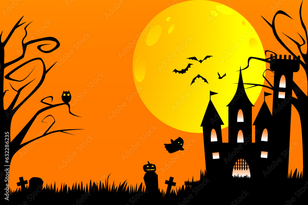 Halloween Haunted House or dark castle on orange sky background. Halloween symbols witch owl, pumpkin, full moon, ghost and flying bat.