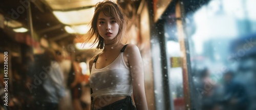 Asian girl standing on a city sidewalk near restaurants and shops modelling edgy grunge street fashion, creative long exposure light streaks and motion blur bokeh background - generative AI