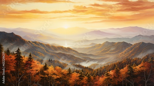  a painting of a sunset over a mountain range with trees in the foreground. generative ai