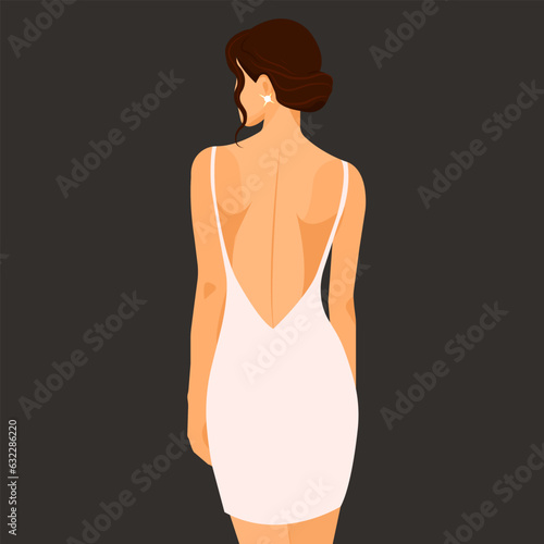 Vector fashion illustration in flat style. Young elegant woman in fashionable sexy dress with bare back and shoulders. Back view.
