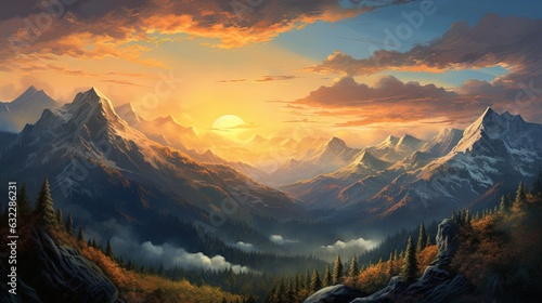  a painting of a mountain range with a sunset in the background. generative ai