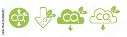 CO2 emission reduction neutrality concept icon set. Cloud shape banners with zero footprint, CO2 neutral. Green eco friendly stop global warming. Vector