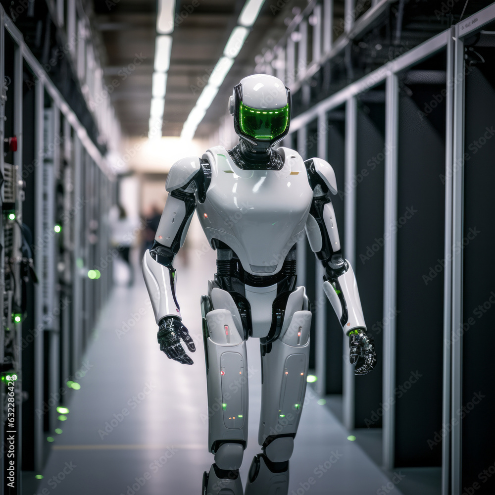 A robot navigating through a high-tech server room
