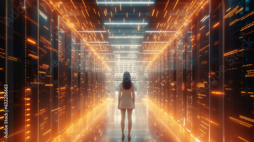 A woman in a white dress standing in a server room surrounded by the power of technology