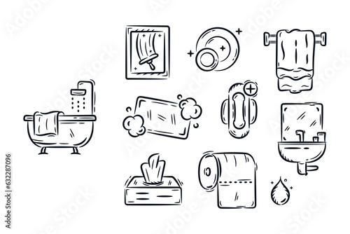 Set of cleaning, hygiene, washing, hand drawn icon sketch. Bathtub, towel, sanitary pads, sink, vector line drawing doodle illustration