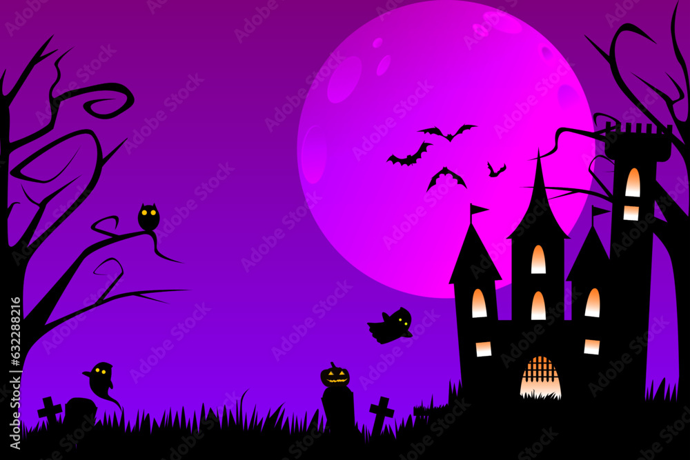 Halloween Haunted House or dark castle on purple sky background. Halloween symbols witch owl, pumpkin, full moon, ghost and flying bat.