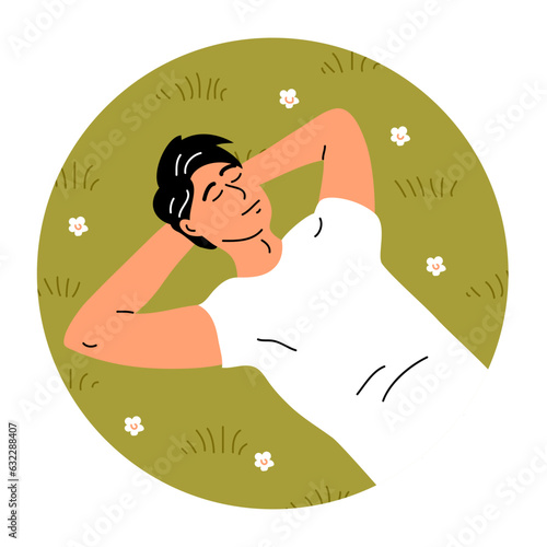 A young man lies on the green grass and rests. Weekend and vacation concept. A carefree boy sleeps and dreams. Flat vector illustration