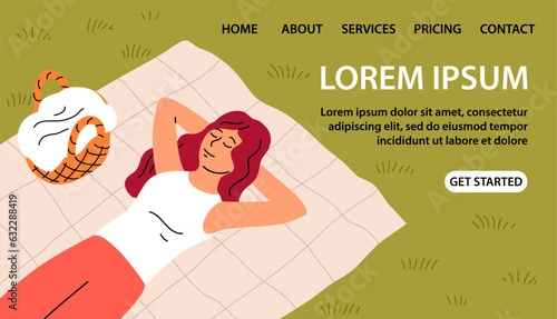 Young woman on a picnic. Girl lie on the bedspread. Basket of food. Vacation, holiday off and rest. Flat vector illustration. Design for banner, poster, website
