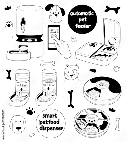 Automatic feeder for pets. Smart food dispenser for cats and dogs. Electronic pet food dispenser. Vector illustration.

