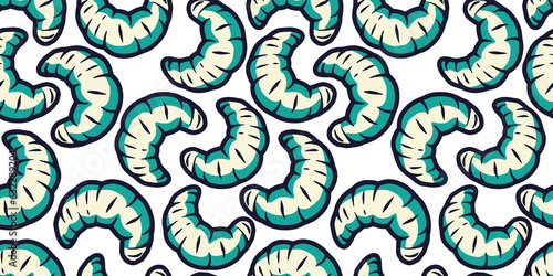 Halloween seamless pattern with maggots or worms for holiday design background. Wallpaper with scary insect larvae for october party banner, poster or postcard