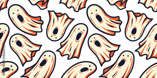 Halloween seamless pattern with ghost for halloween design. Wallpaper or background with spirit or soul for october party banner, poster or postcard