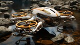 View at a 45 - degree angle a minimalist futuristic white and orange four - rotor Drone in the white desert, water in the style of dark bronze and light beige, nature - inspired camouflage,