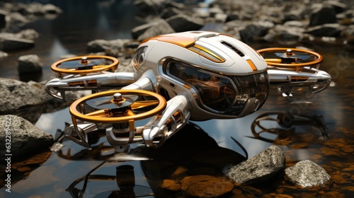 View at a 45 - degree angle a minimalist futuristic white and orange four - rotor Drone in the white desert, water in the style of dark bronze and light beige, nature - inspired camouflage,