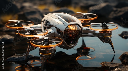 View at a 45 - degree angle a minimalist futuristic white and orange four - rotor Drone in the white desert, water in the style of dark bronze and light beige, nature - inspired camouflage, photo