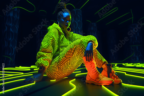 Fotografía African woman in neon costume and neon shoes, in the style of futuristic pop, lu