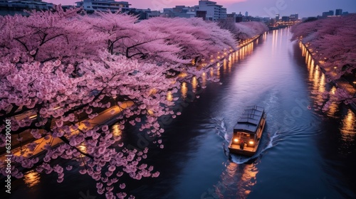 This scene is viewed from a high angle, looking down on a large cherry blossom tree. The river is filled with cherry blossom flurries, and there are large cherry blossom trees on both ends of the rive