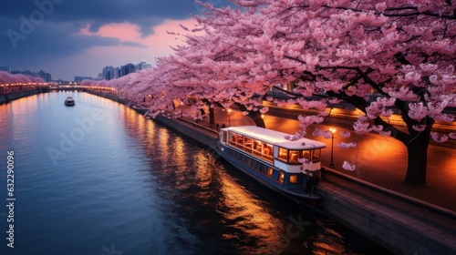 This scene is viewed from a high angle, looking down on a large cherry blossom tree. The river is filled with cherry blossom flurries, and there are large cherry blossom trees on both ends of the rive photo