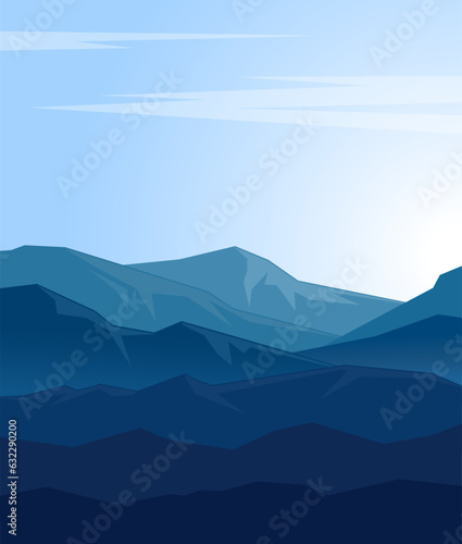 Landscape with blue mountains and high clear sky. Mountaineering handdrawn flyer. Vector illustration.