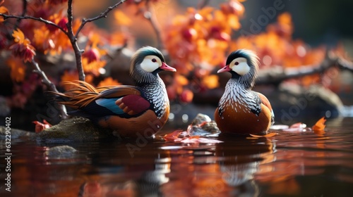 The Mandarin ducks lean against each other in the lake, and their reflections interweave on the lake, forming a picturesque scene. The willows by the lake are gently blowing the breeze. photo