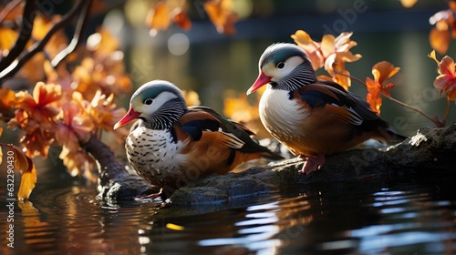 The Mandarin ducks lean against each other in the lake, and their reflections interweave on the lake, forming a picturesque scene. The willows by the lake are gently blowing the breeze.