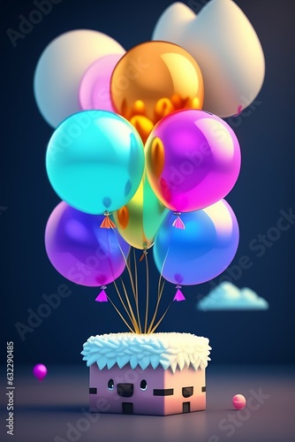 3D Birthday cake with flowers with colorful balloons 3d rendering generative ai