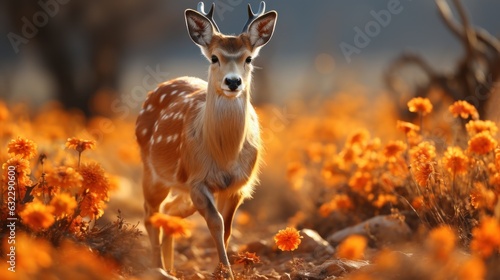 The antelope gallops on the grassland, its light figure is amazing, and the flowers on the grassland are swept by the soles of its feet, as beautiful as a dream.