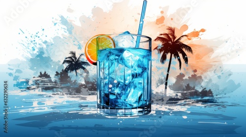 Cocktail Blue Lagoon illustration . Glass of blue lagoon cocktail on background with palms. Horizontal format. illustration Ai generated
